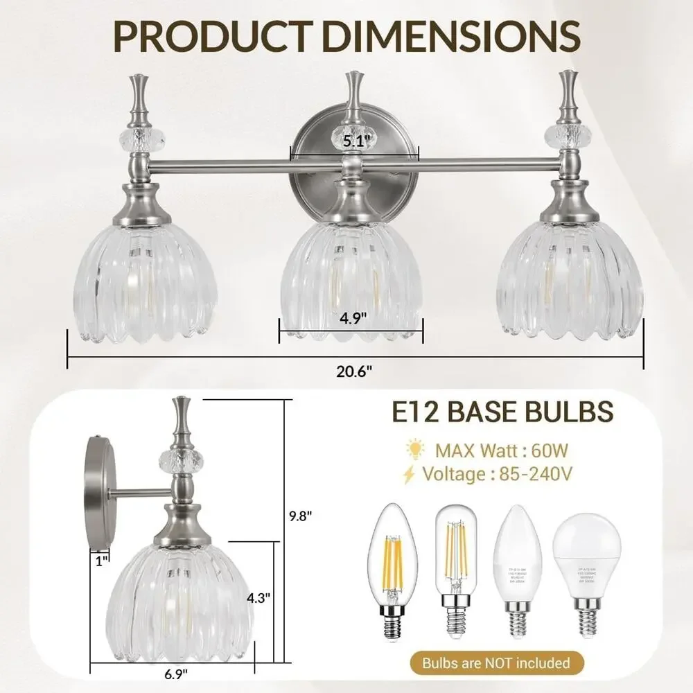 Modern 3-Light Bathroom Vanity Wall Light Brushed Nickel Fixture - Picture 2 of 7